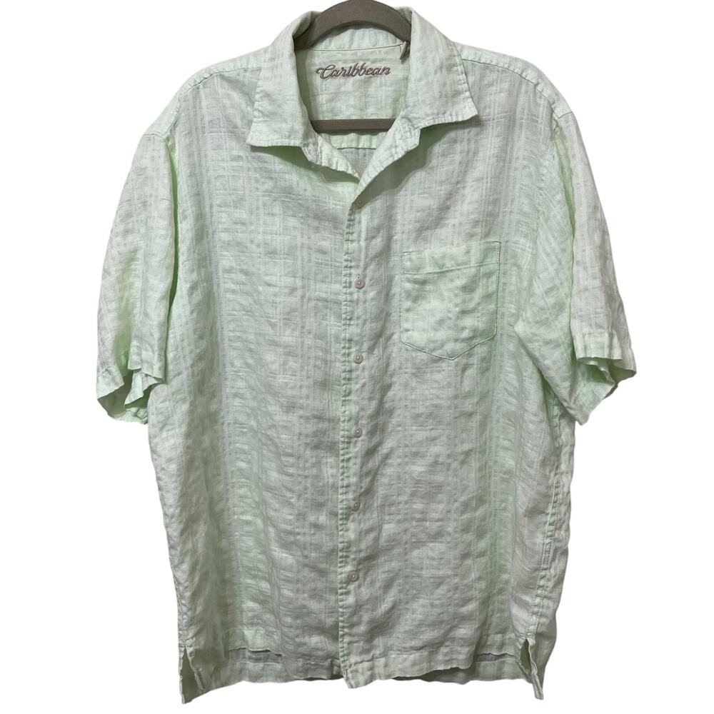 Caribbean Men’s Linen Blend Shirt Sz Large Button Up Green‎ Soft Gauzy